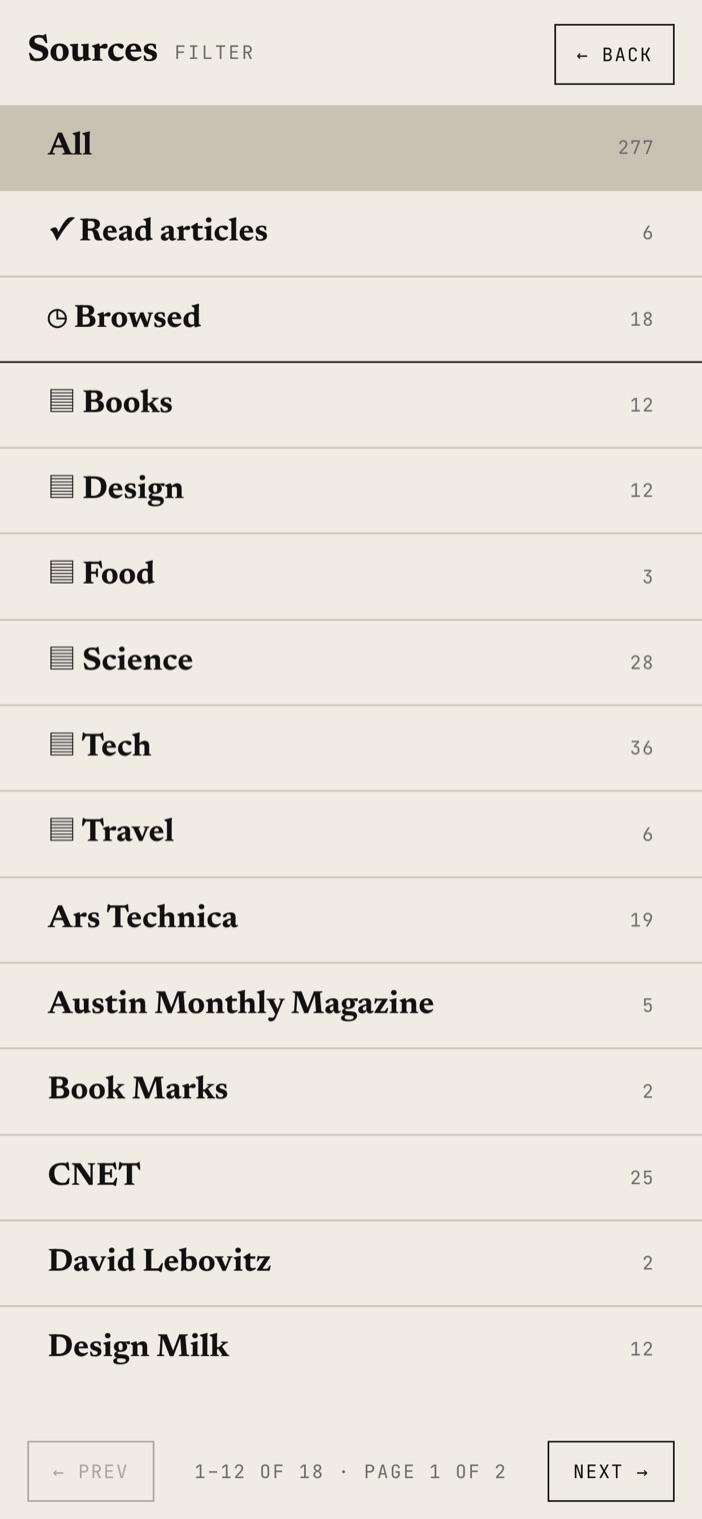 PageFeed's sources screen on a phone grouping feeds into topic categories like Science, Tech, and Travel, each with a count