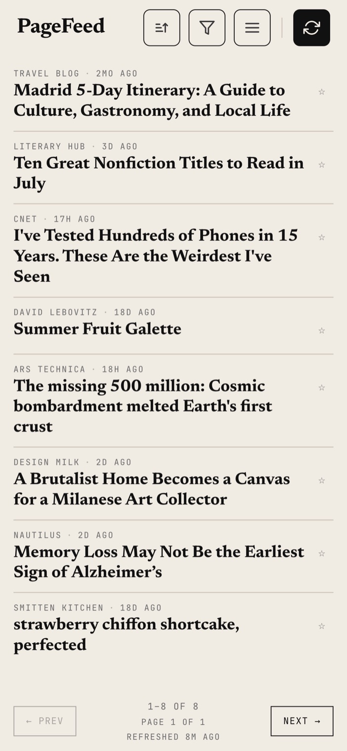 PageFeed's article list on a phone showing headlines from many sources, paginated rather than scrolled