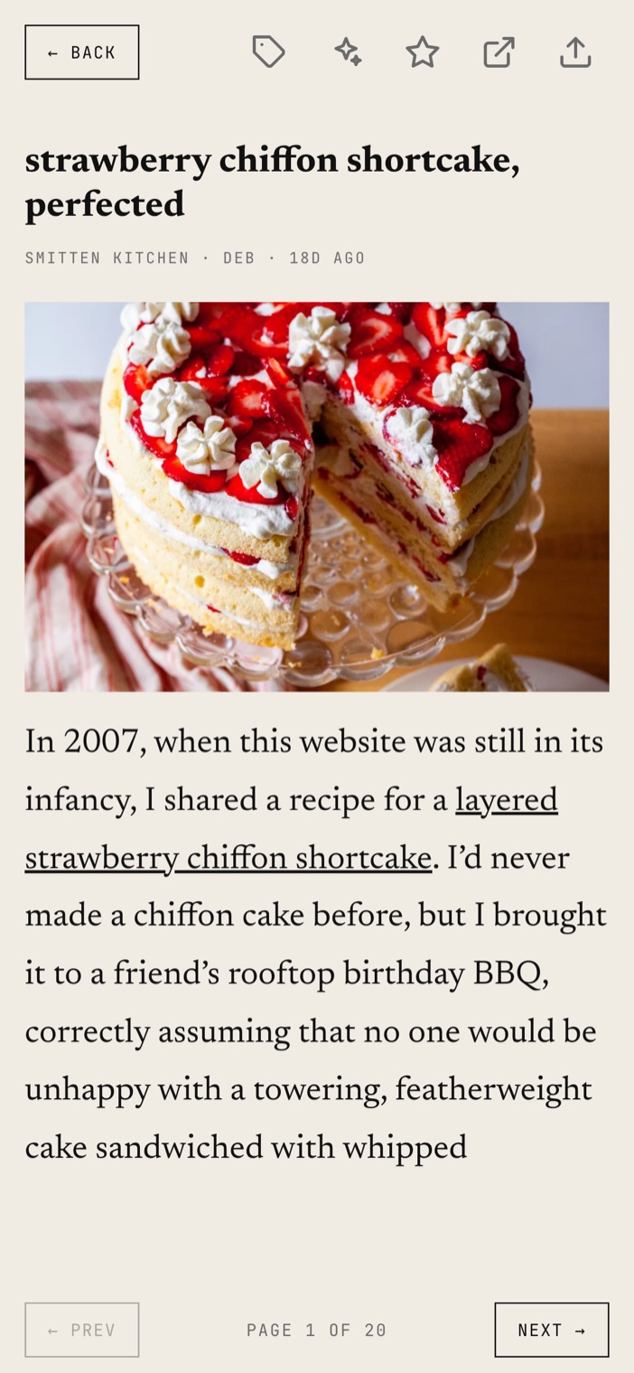 PageFeed reading an article on a phone, showing page 1 of 20 with previous and next page controls instead of scrolling