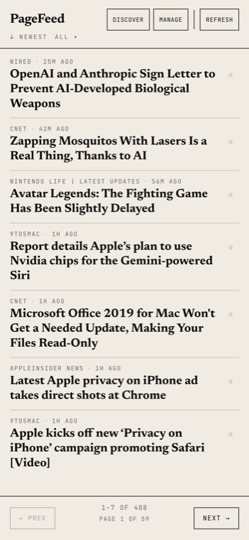 PageFeed's article list on a phone showing headlines from many sources, paginated rather than scrolled