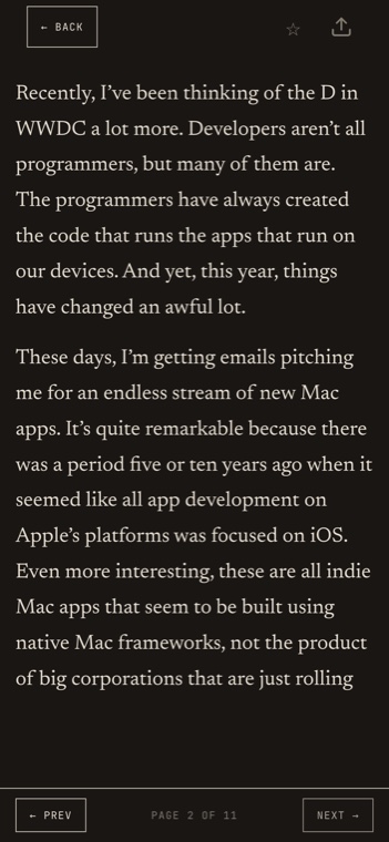 The same article in PageFeed's dark theme with warm cream text on a dark background