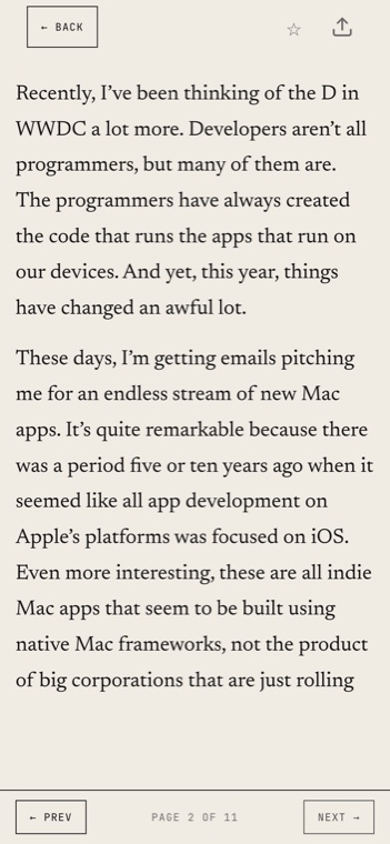 An article open in PageFeed's reader on a phone, on a warm paper background, paginated to page 1 of 6
