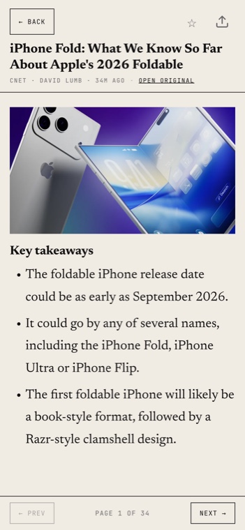 PageFeed reading an article on a phone, showing page 1 of 5 with previous and next page controls instead of scrolling